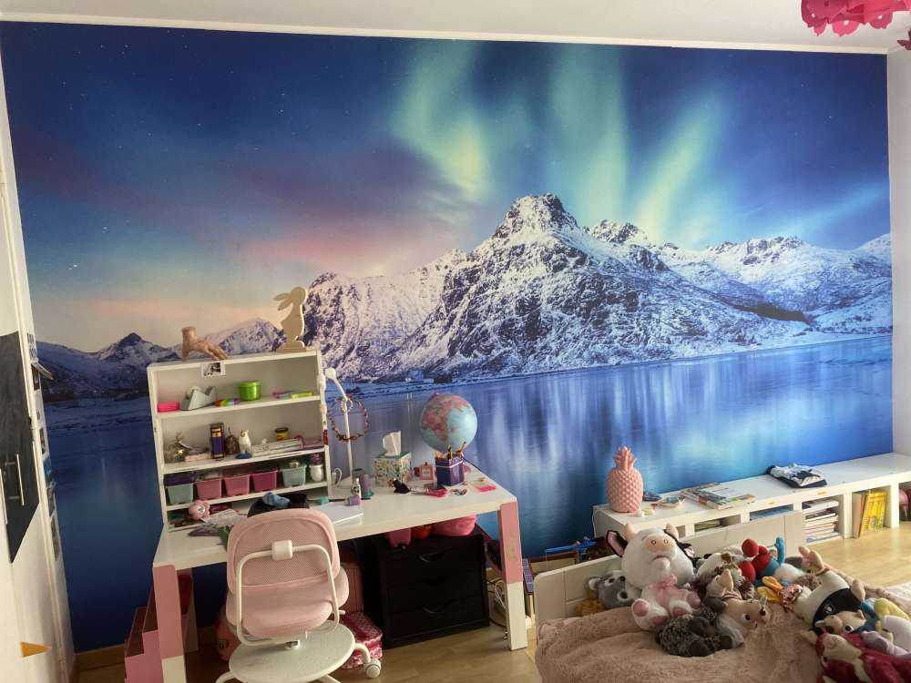 Des aurores boréales au-dessus d'un océan et de montagnes gelés