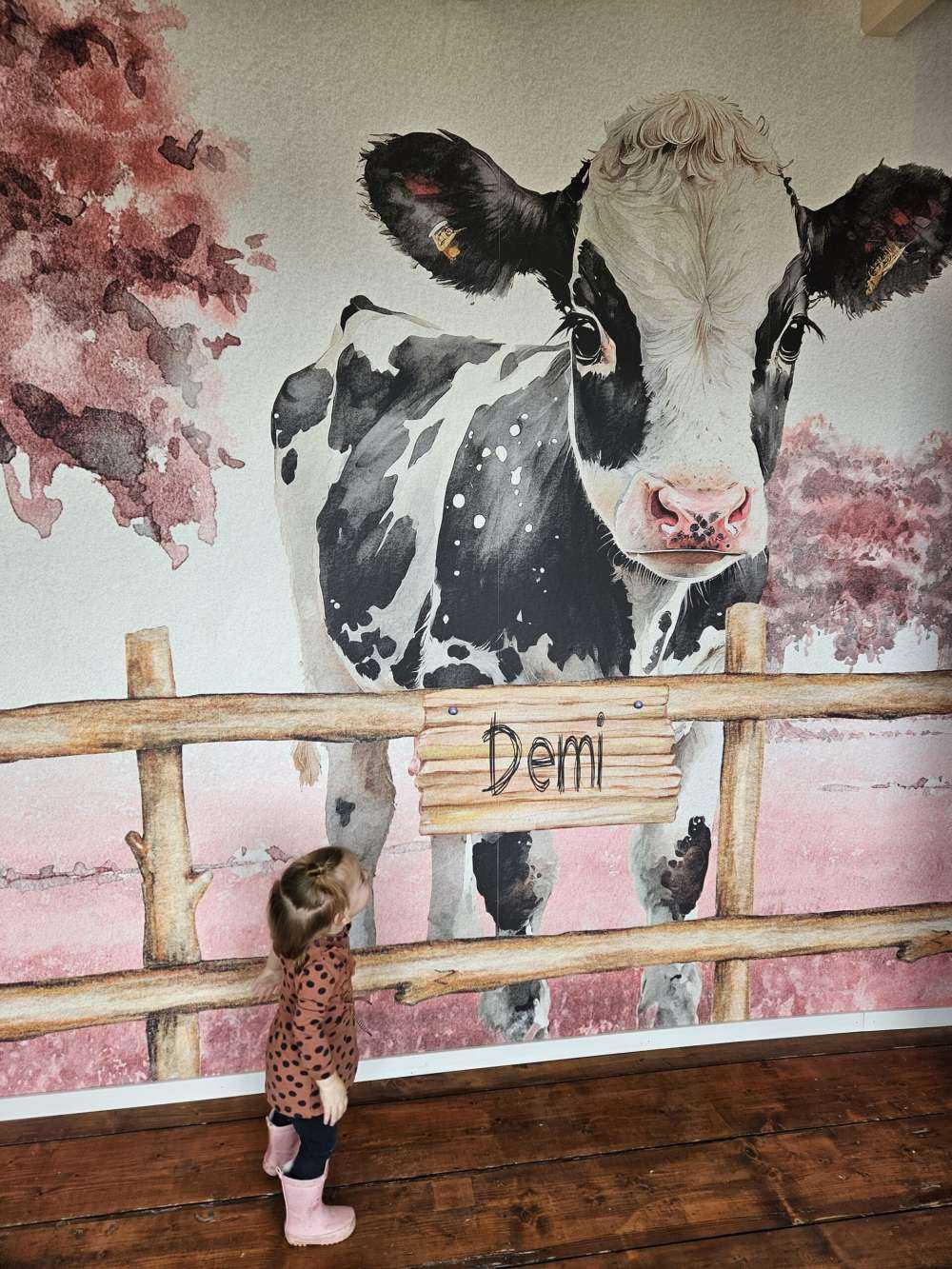 Jeune vache dans un pré rose