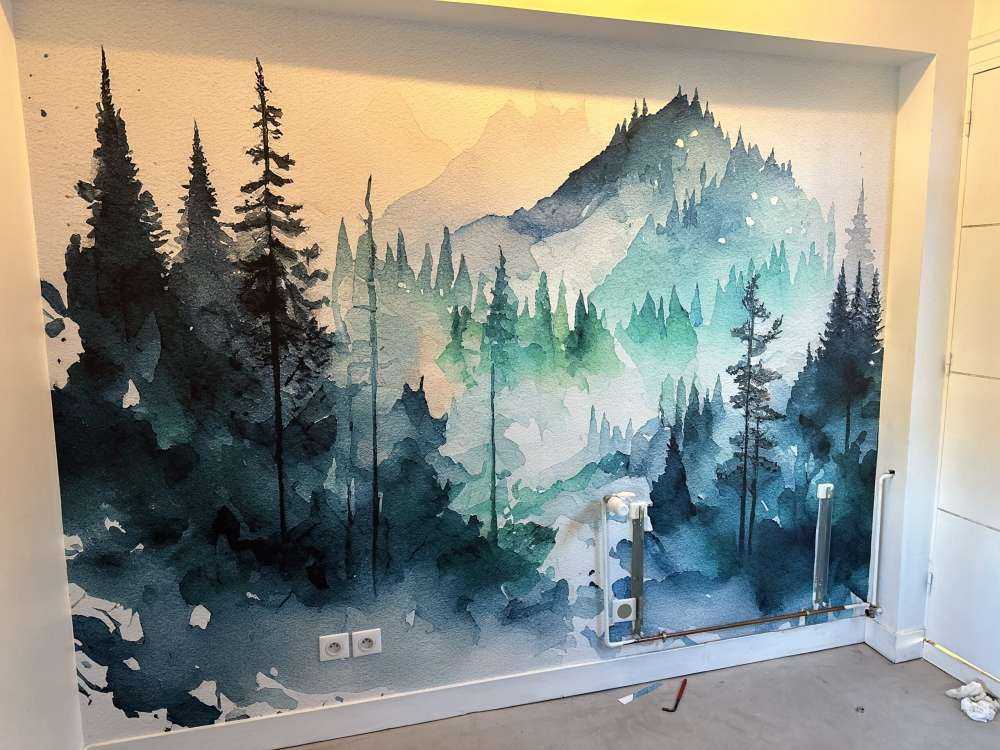 Forêt en aquarelle bleu canard