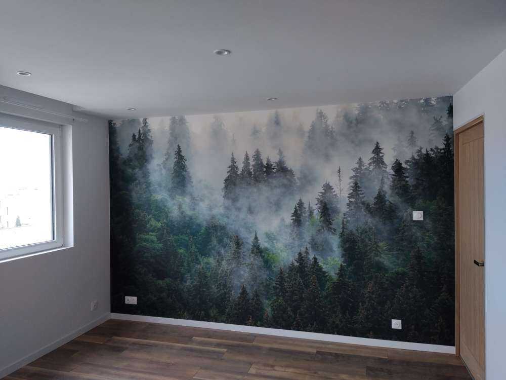 Paysage brumeux avec des arbres verts