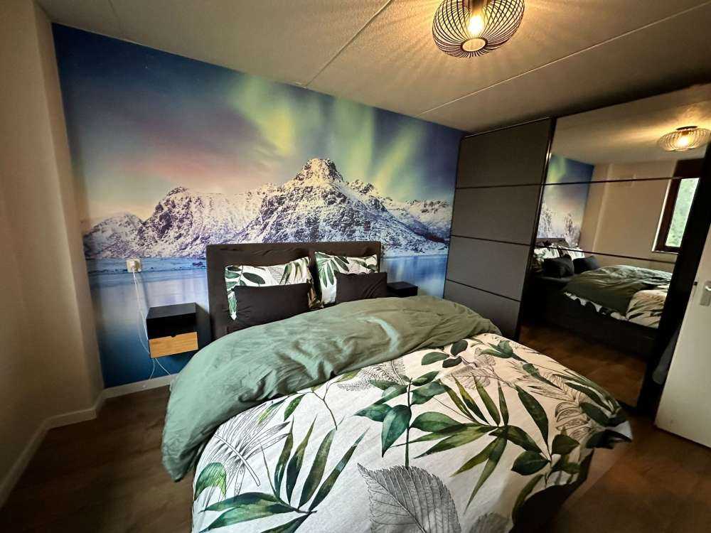 Des aurores boréales au-dessus d'un océan et de montagnes gelés