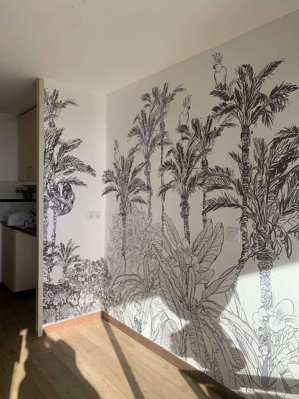 Papier Peint Dessin d une jungle en noir et blanc