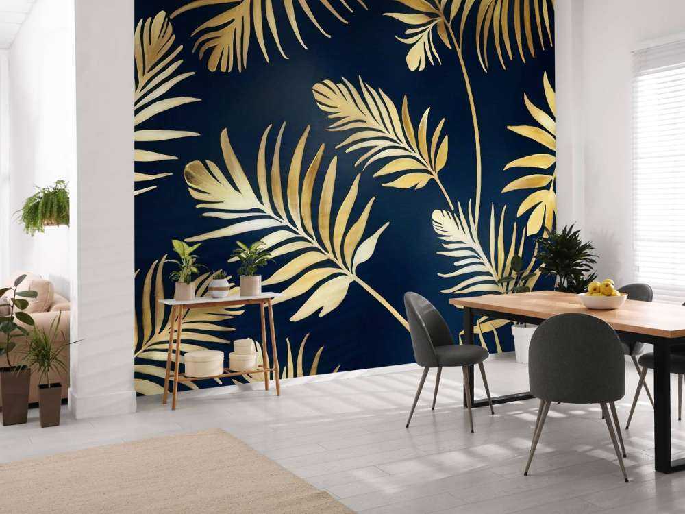 Feuilles dorées sur bleu marine foncé