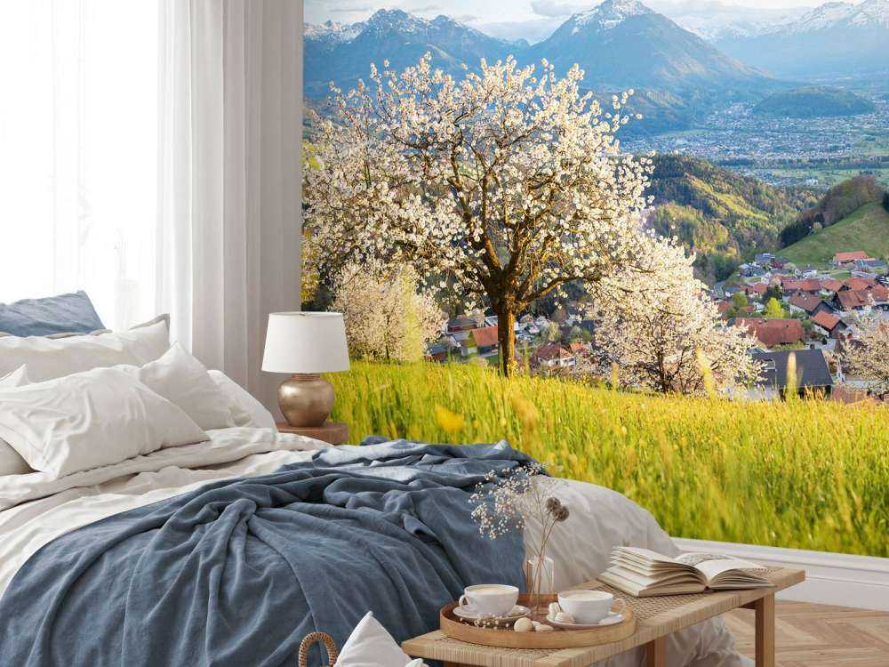Collines de fleurs avec vue sur les Alpes.