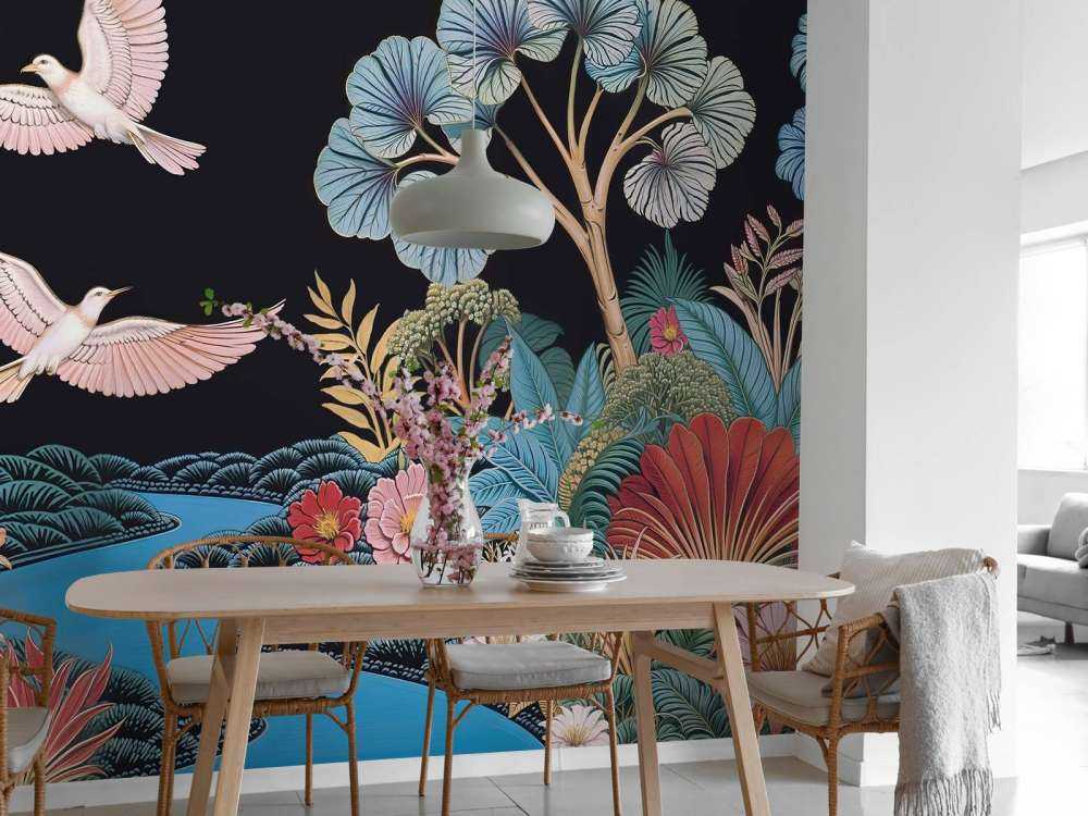 Paysage tropical avec des oiseaux blancs