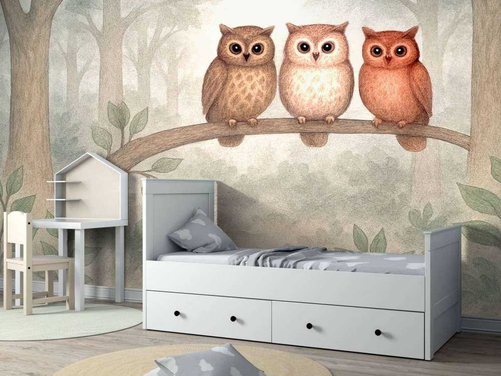 Trois petits hiboux dans la forêt.