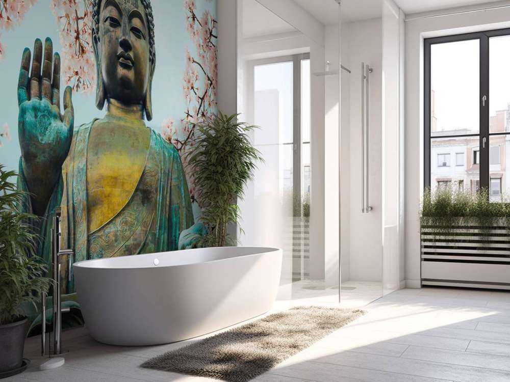 Bouddha entouré de fleurs de cerisier