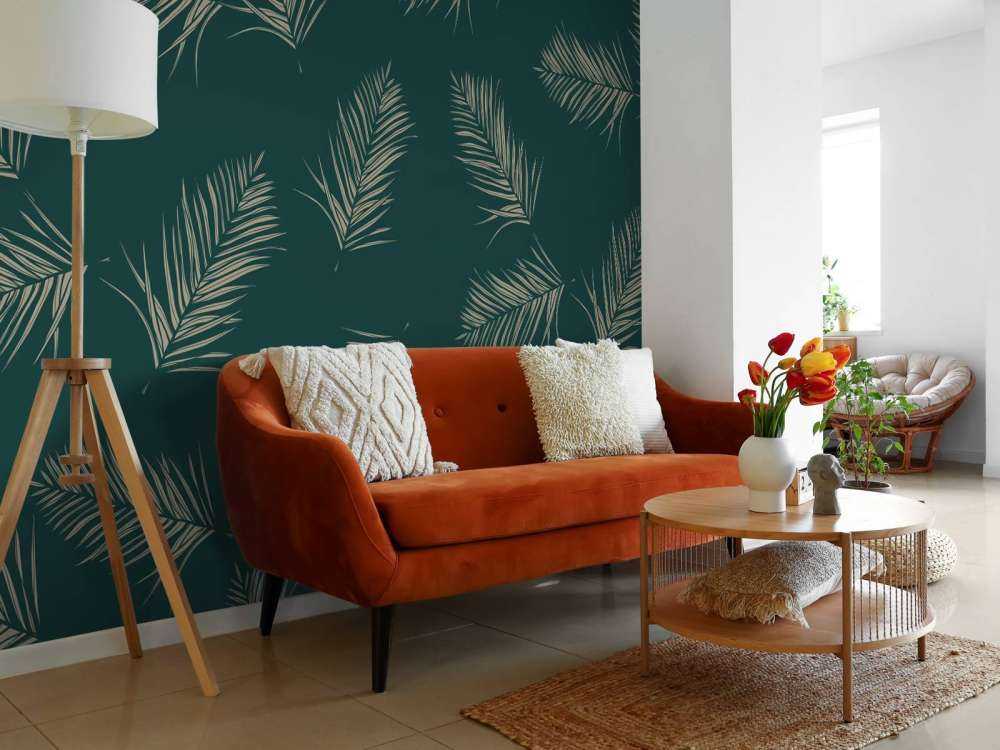 Feuilles vertes sur fond bleu canard