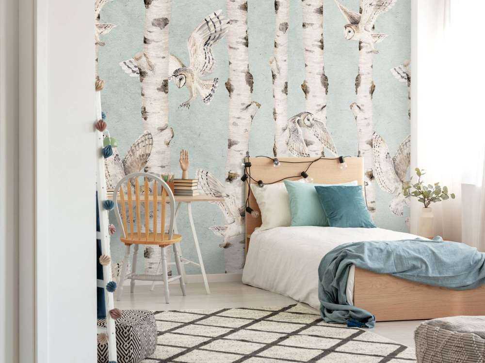 Birch and Owls - Blue - 120