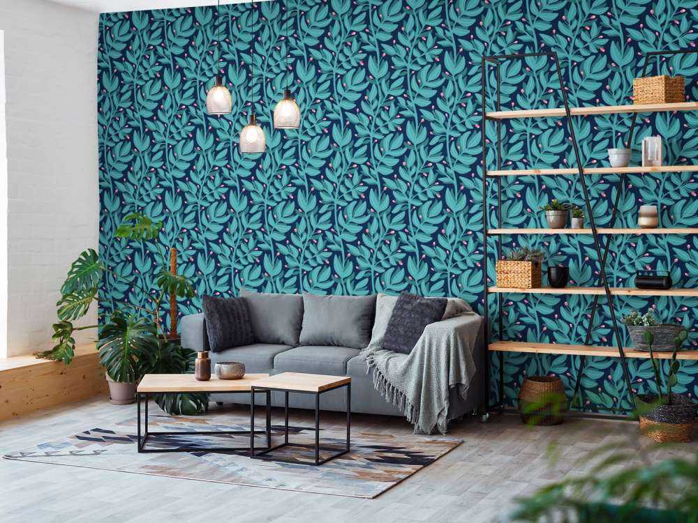 Motif petites branches bleu canard