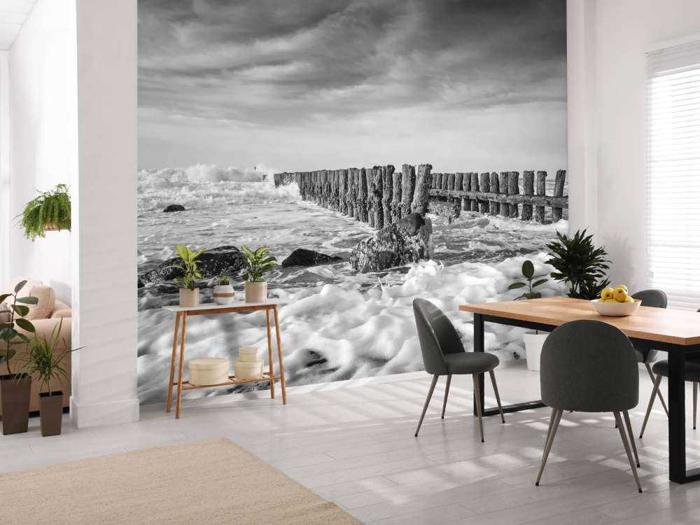 Mer écumeuse en noir et blanc