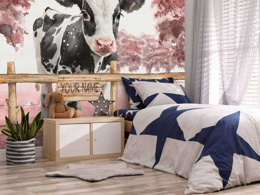 Jeune vache dans un pré rose