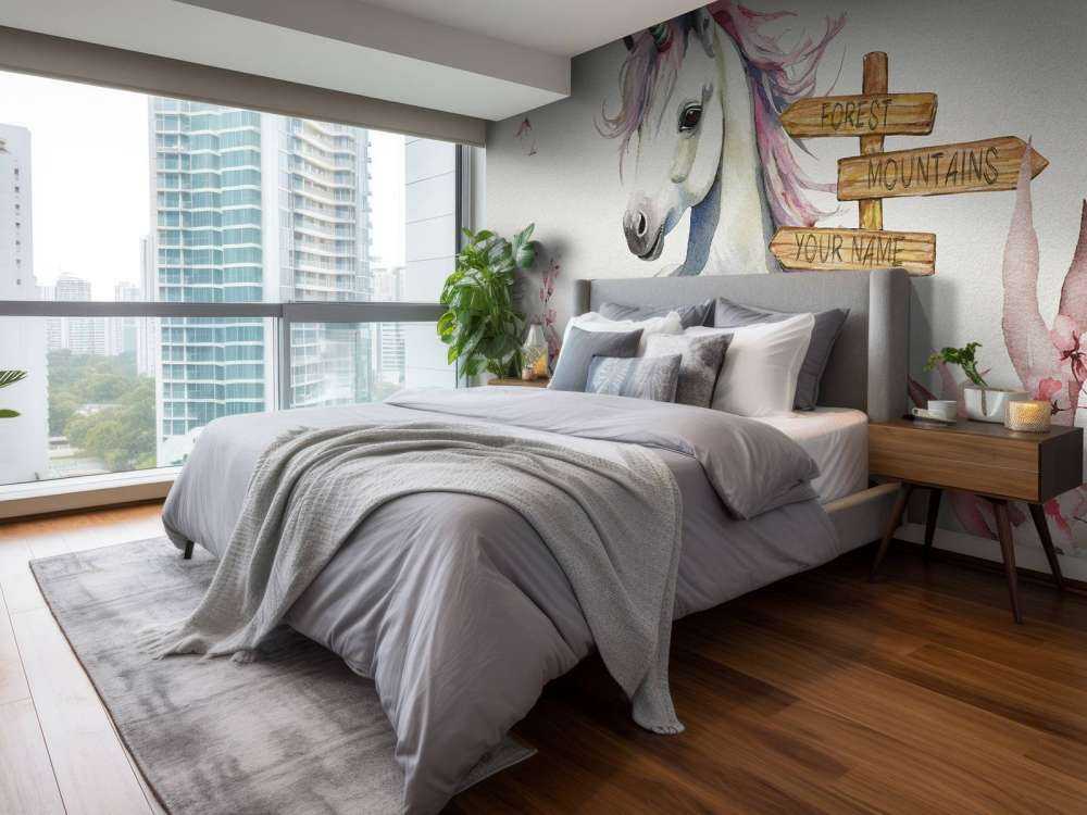 Bébé licorne avec des plantes roses