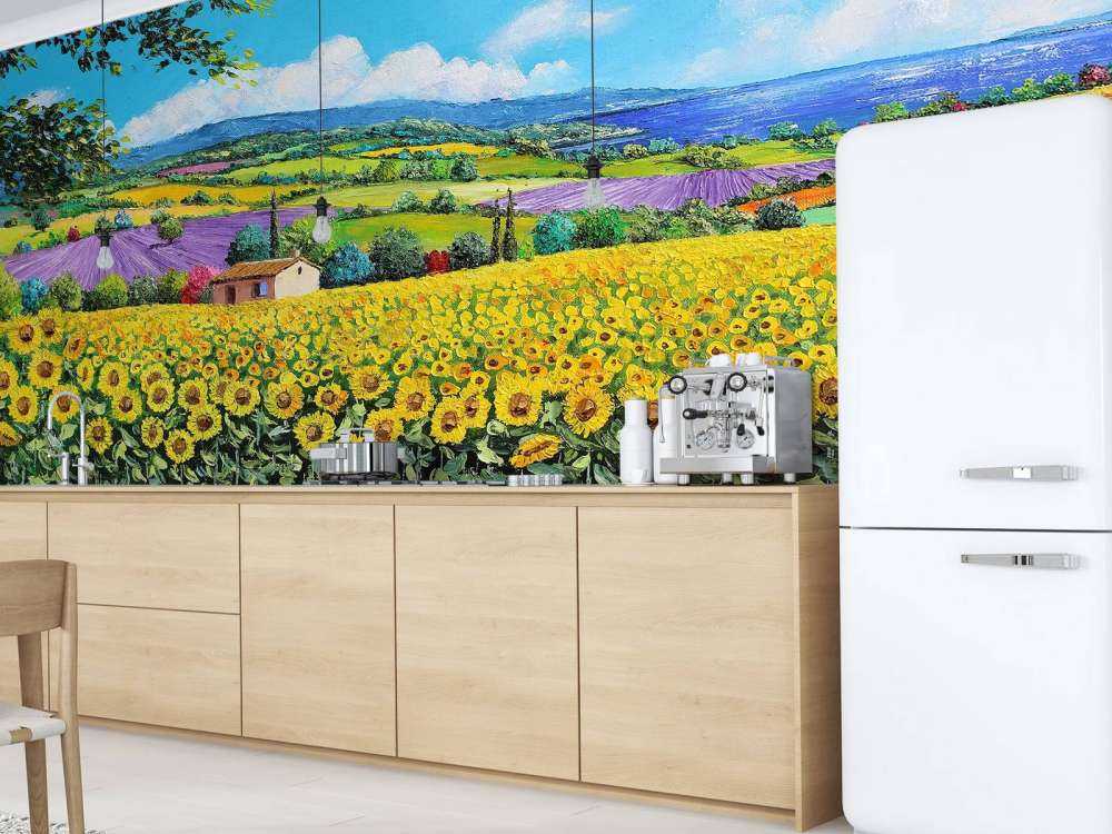 sunflowers, lavender, and sea