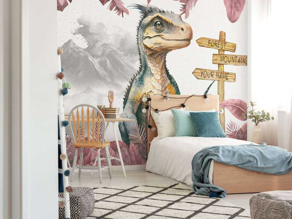 Bébé vélociraptor dans la jungle rose