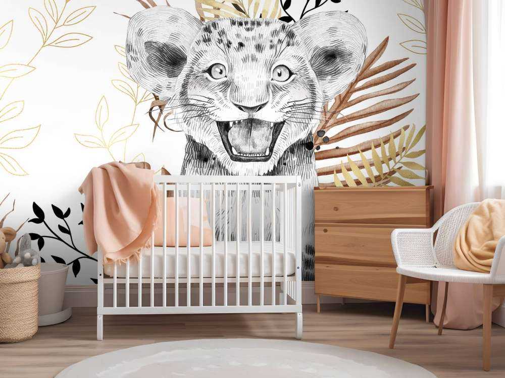 Bébé lion feuillage marron et or