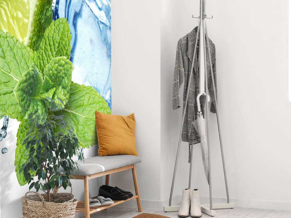 Éclaboussure de l'eau avec de la menthe et de la chaux