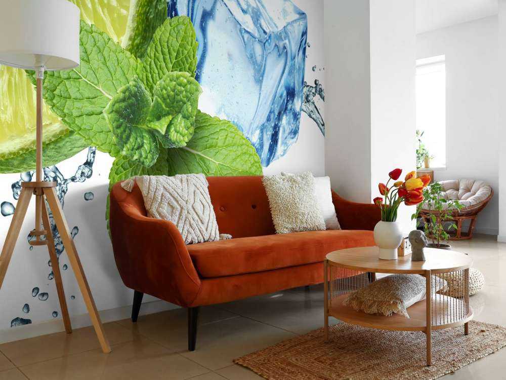 Éclaboussure de l'eau avec de la menthe et de la chaux