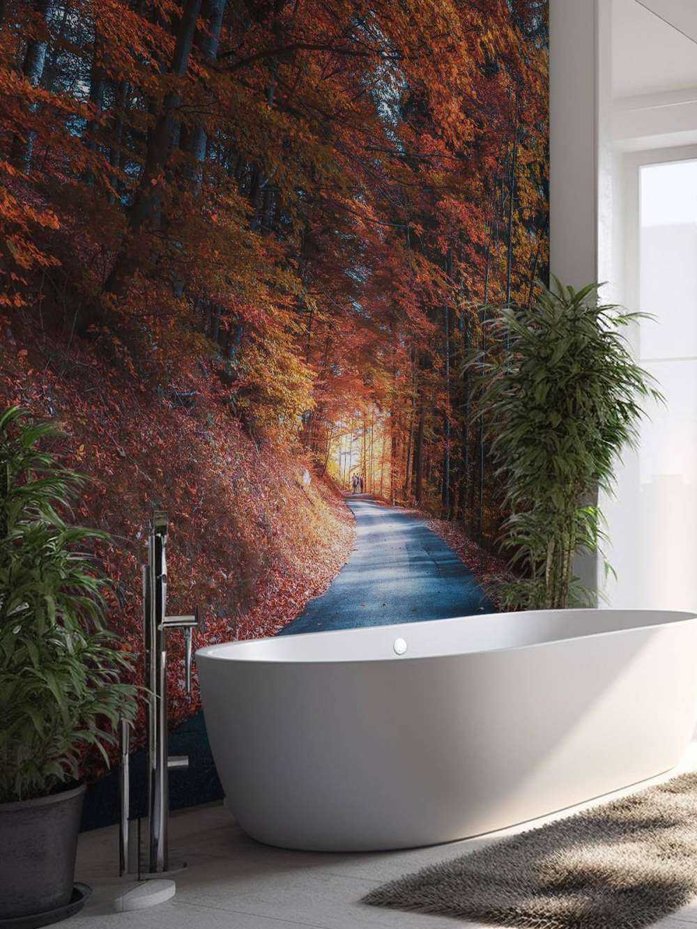 Sentier d'automne à travers une forêt enflammée