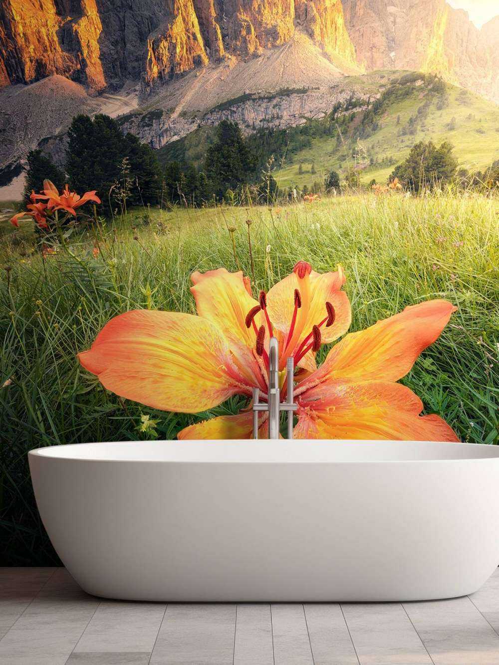 Paysage alpin ardent avec des lys