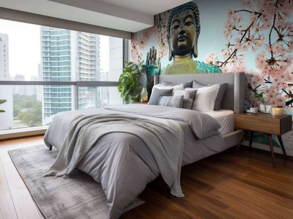 Bouddha entouré de fleurs de cerisier