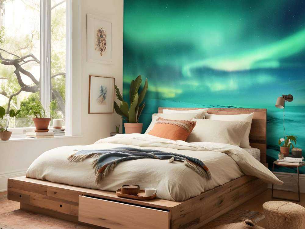 Des aurores boréales vertes au-dessus des rochers enneigés