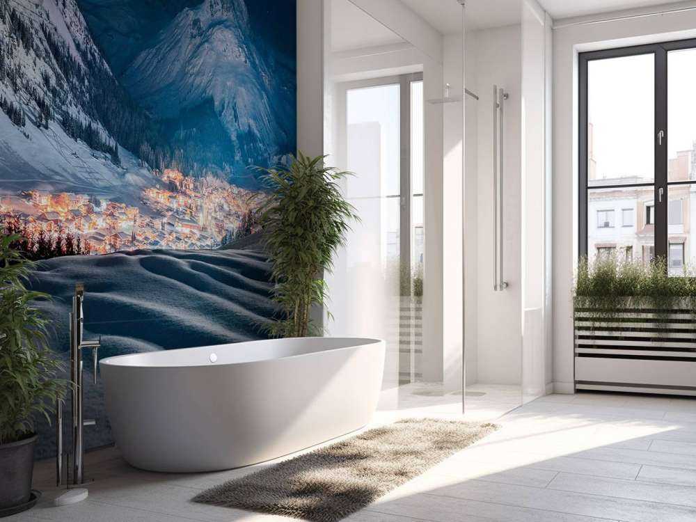 Village d'hiver sous la lumière de la lune dans une vallée alpine.