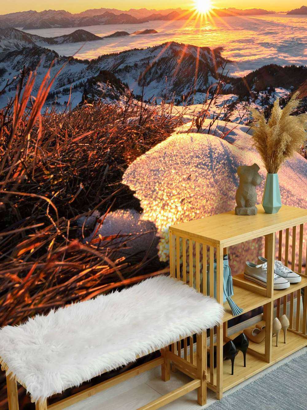 Le soleil du matin sur la prairie de montagne scintillante