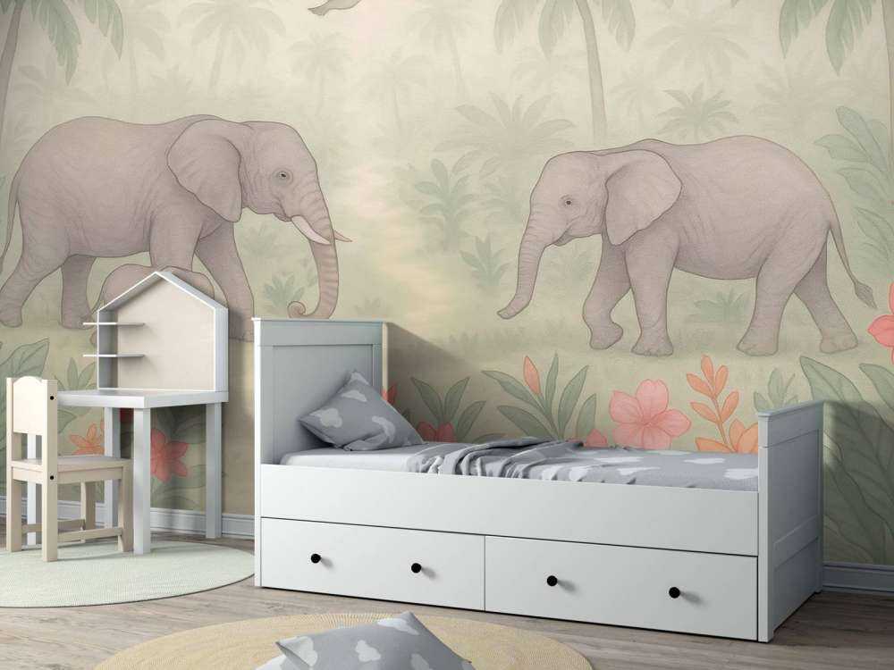 Promenade d'éléphants parmi les fleurs tropicales