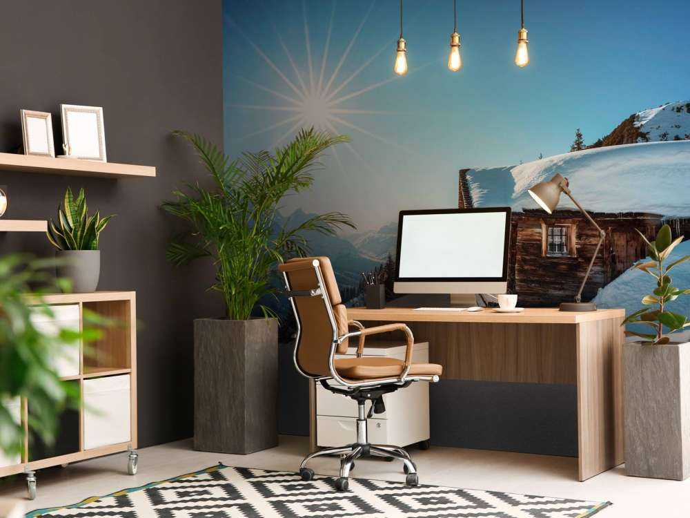 Soleil d'hiver au-dessus de la cabane en bois.