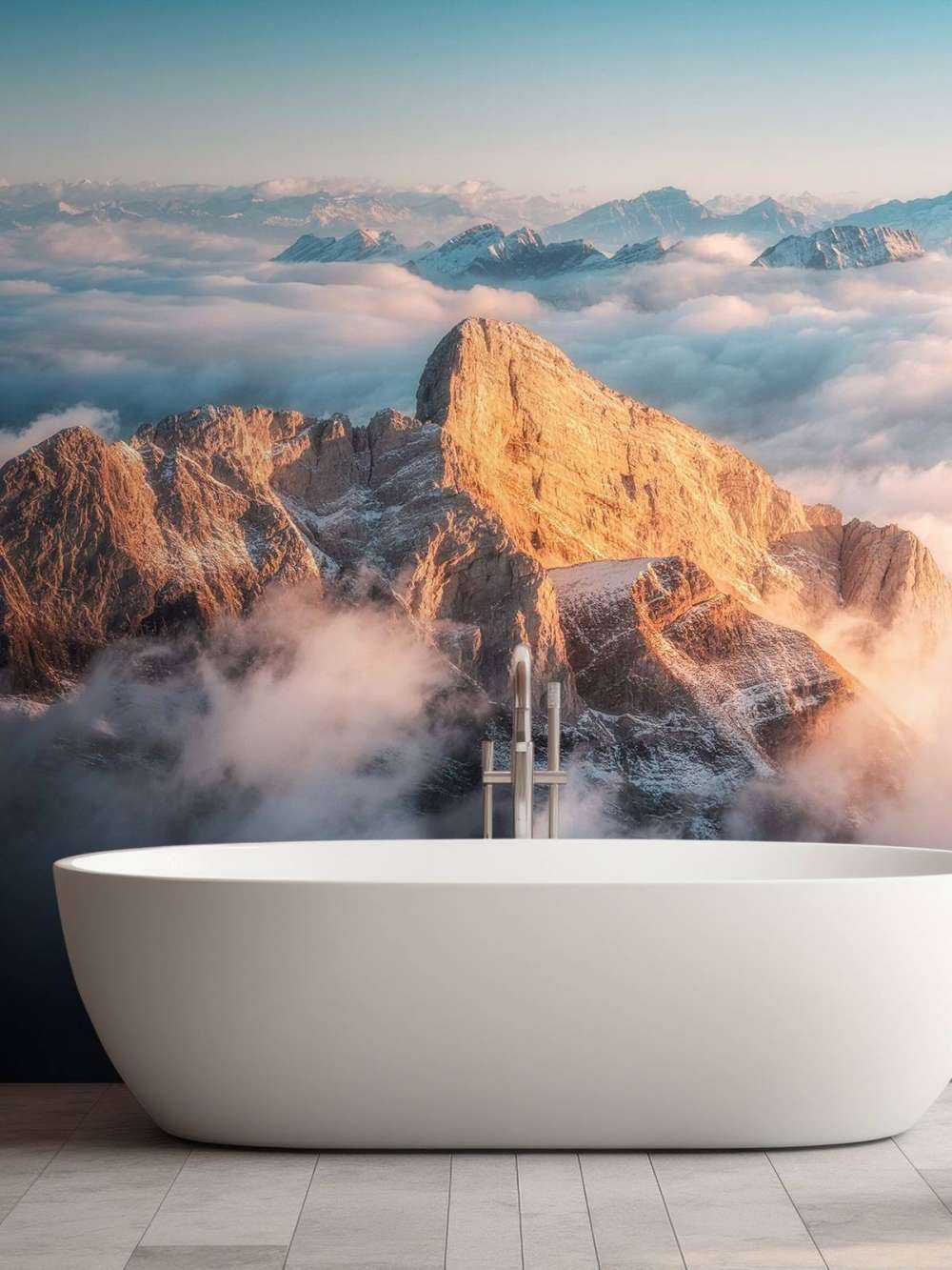 Sommet de montagne doré dans la brume du matin.