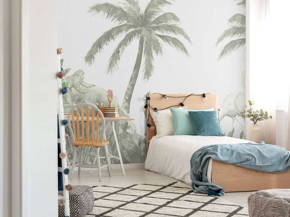 Singes et flamants roses en vert d'eau