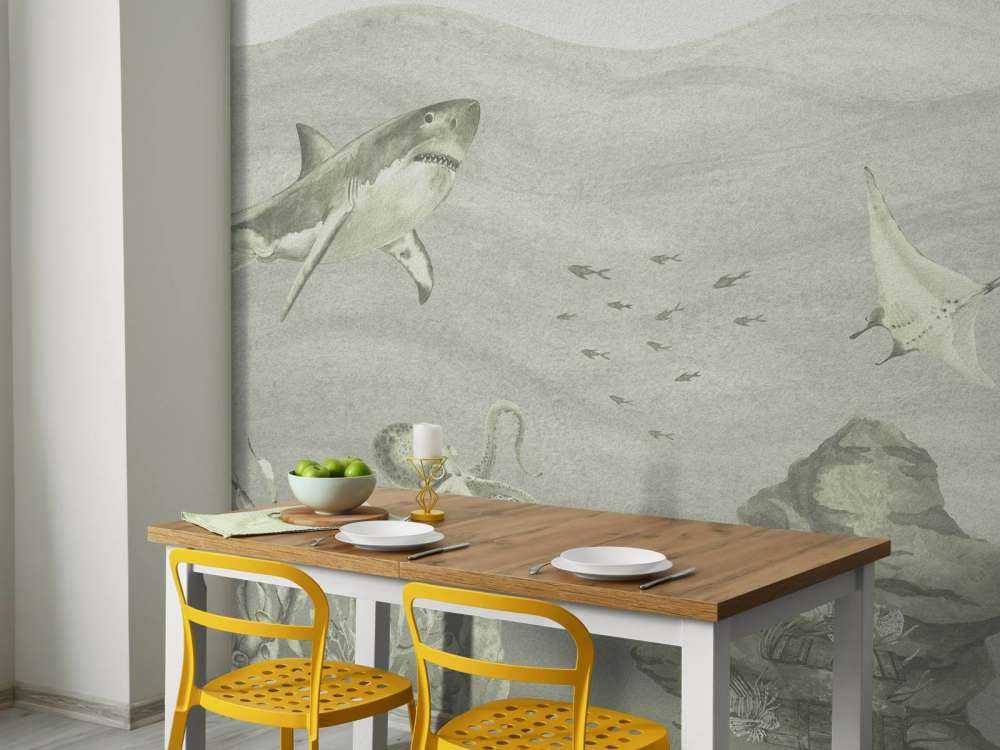 Monde sous-marin avec requins en vert d'eau