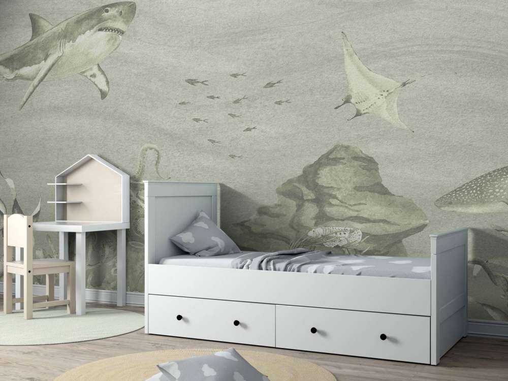 Monde sous-marin avec requins en vert d'eau