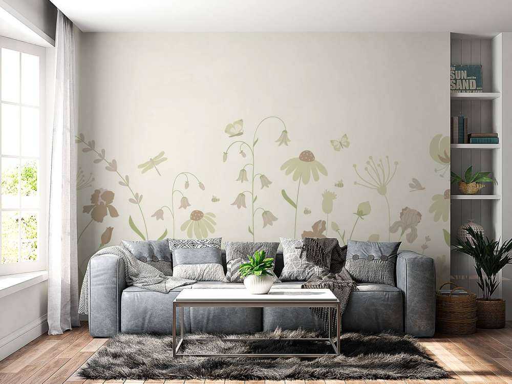 Champ de fleurs haut avec papillons beige et vieux rose