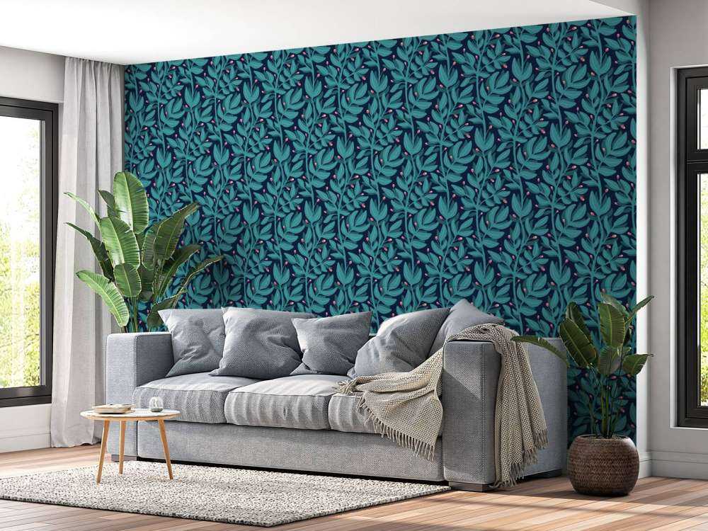 Motif petites branches bleu canard