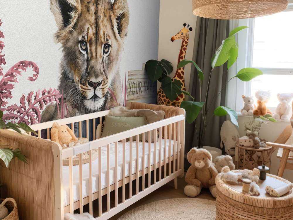 Bébé lion dans la jungle rose