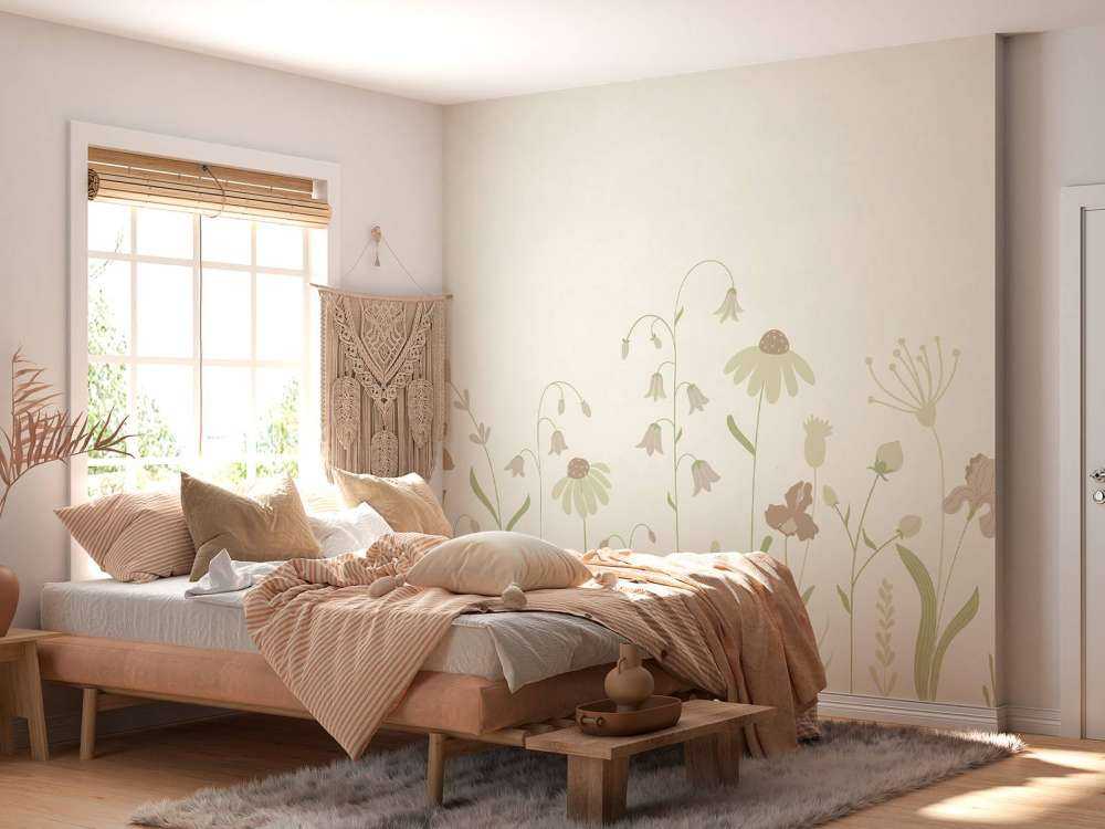 Champ de fleurs haut beige avec vieux rose