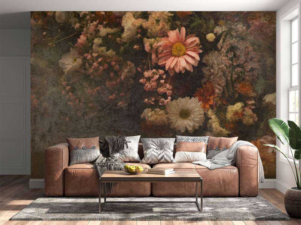 Champ de fleurs en huile vieillie