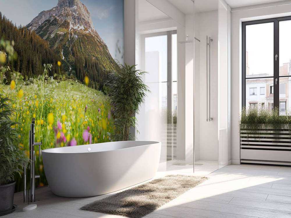 Sommet de la montagne au-dessus de la prairie de fleurs