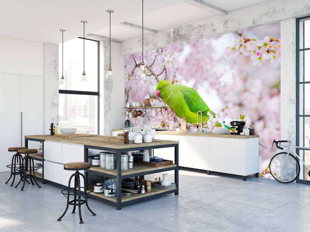 Perroquet assis sur un arbre en fleurs