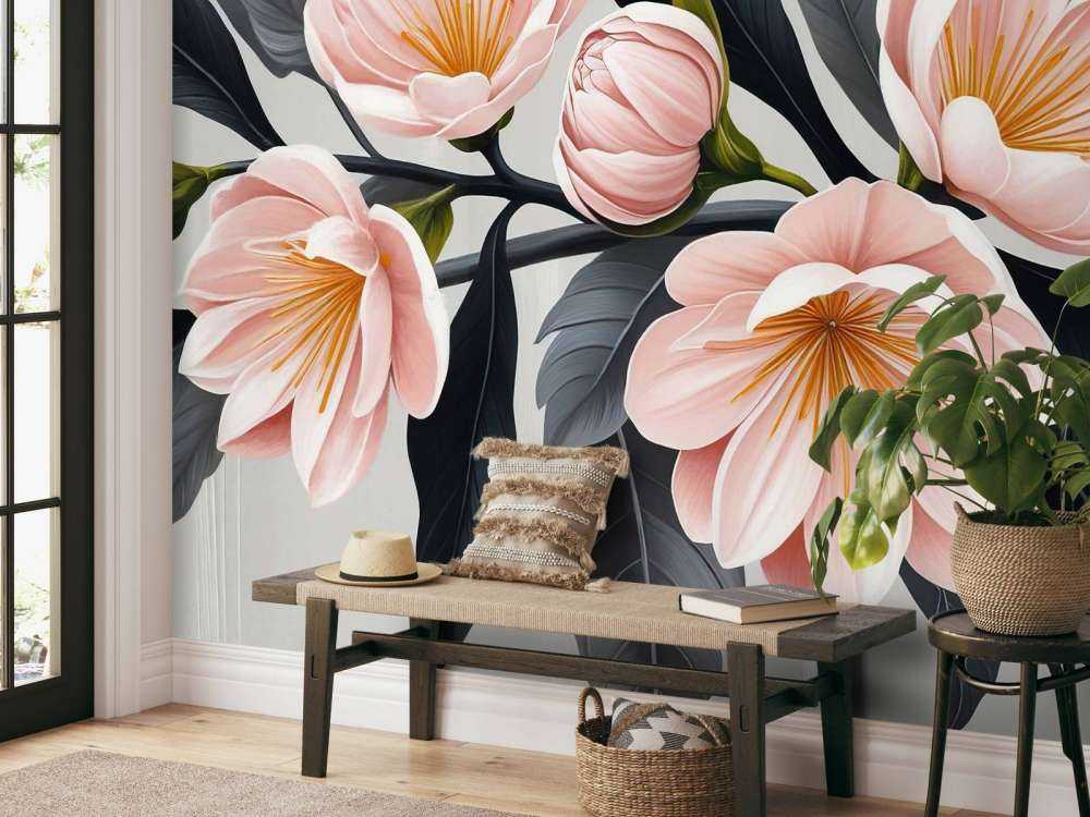 Fleurs de magnolia roses avec des feuilles foncées
