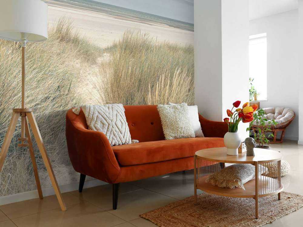 Dunes de sable herbeux sur la côte sous un ciel bleu
