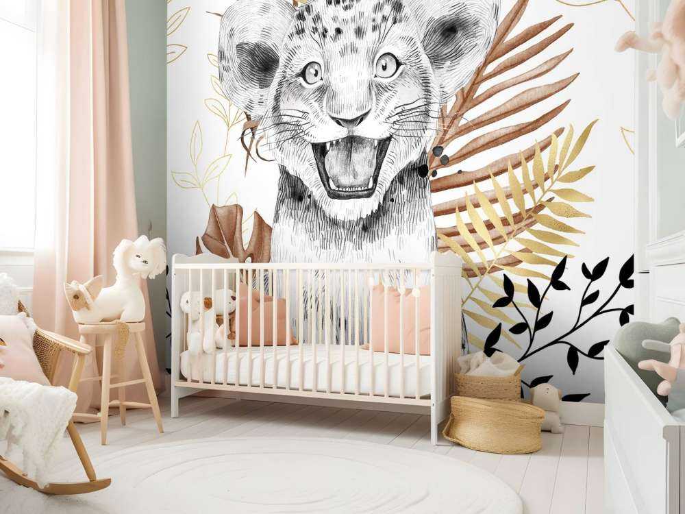 Bébé lion feuillage marron et or