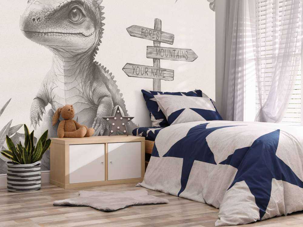 Bébé spinosaure dans la jungle beige