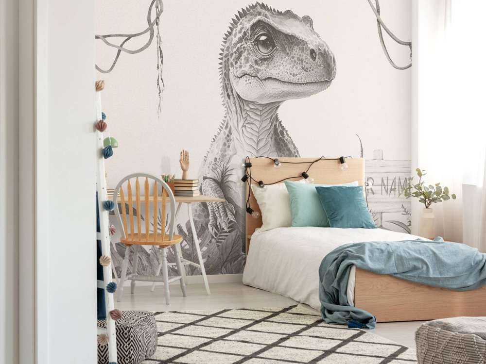 Bébé T-rex dans la jungle beige