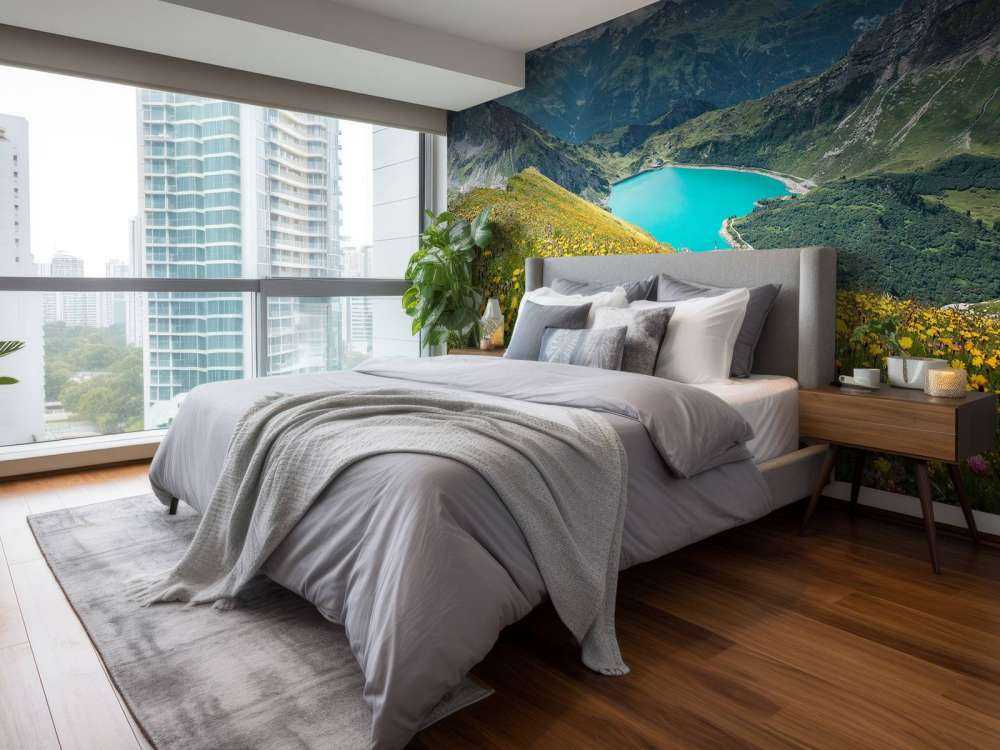 Champ de fleurs au-dessus d'un lac de montagne turquoise