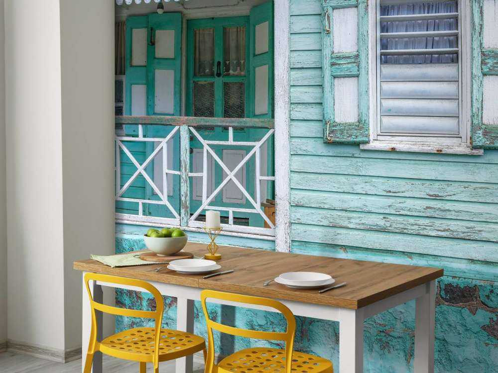 façade de maison en bois turquoise