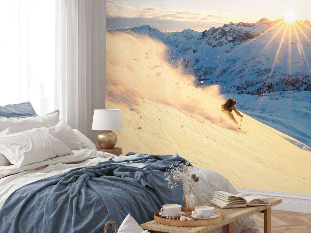 Skier dans un panorama alpin ensoleillé.