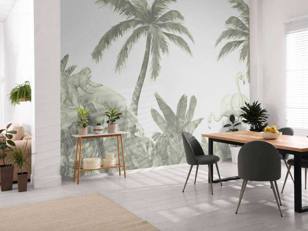 Singes et flamants roses en vert d'eau